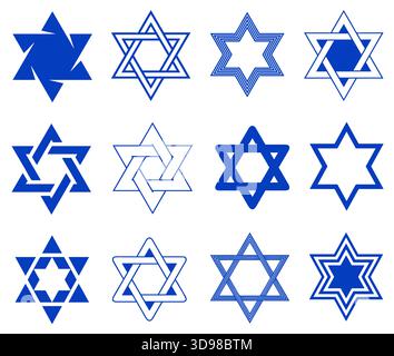 Gruppo di diverse illustrazioni blu Star of David isolate su sfondo bianco Illustrazione Vettoriale