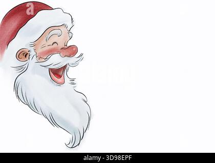 Carino biglietto d'auguri di Babbo Natale che ride su sfondo bianco per le vacanze di Natale. Design di illustrazione digitale per festeggiamenti invernali. Foto Stock