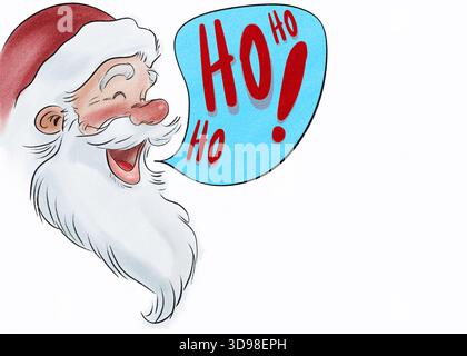 Carino biglietto di auguri di Babbo Natale che rideva con una scritta HO, HO, HO, HO per le vacanze di Natale. Design di illustrazione digitale per festeggiamenti invernali. Foto Stock
