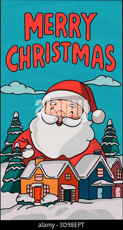 Carino e vintage biglietto di auguri di Babbo Natale per le vacanze di Natale. Design di illustrazione digitale per festeggiamenti invernali Foto Stock