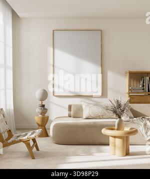 Soggiorno scandinavo neutro caratterizzato da una spaziosa cornice a poster, dettagli in legno, luce solare soffusa e stile bilanciato per un ambiente pulito, moderno e accogliente Foto Stock