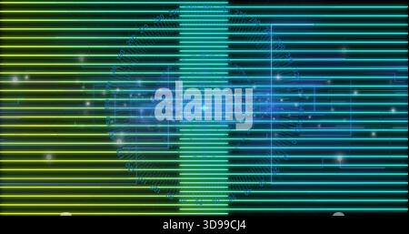 Visualizzazione dell'HUD centrale con colonna verticale nel display virtuale, con linee al neon e segni di spunta radiali Foto Stock