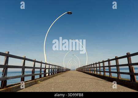 Molo simmetrico sul mare con moderni lampioni stradali Un lungo molo in cemento con ringhiere in legno e moderni lampioni curvi si estende all'orizzonte Foto Stock