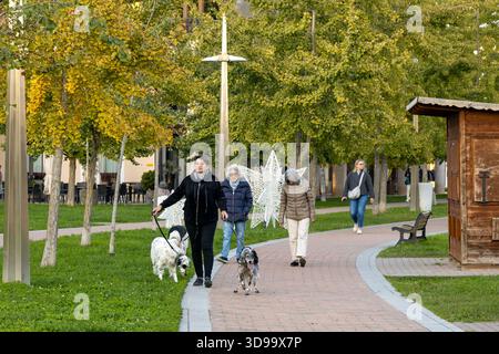 Abano Terme, Italia - 28 ottobre 2025: Cani da passeggio lungo un sentiero pedonale nel Parco Urbano termale in autunno Foto Stock