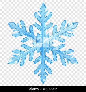 Un complesso fiocco di neve traslucido con sfaccettature cristalline in sfumature di azzurro su sfondo trasparente. Trasparenza solo in formato vettoriale. Illustrazione Vettoriale