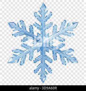 Un complesso fiocco di neve traslucido con sfaccettature cristalline in sfumature di blu su sfondo trasparente. Trasparenza solo in formato vettoriale. Illustrazione Vettoriale