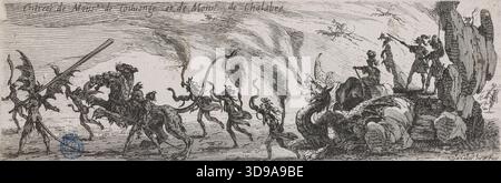 Entrata dei signori de Couvonge e de Chalabre (Lieure 585, Meaume 491), Callot, Jacques, Engraver, 1627, prima metà del XVII secolo, Stampa, Arti grafiche, Stampa originale, incisione, dimensioni - lavoro: altezza: 7,5 cm, larghezza: 23,6 Foto Stock
