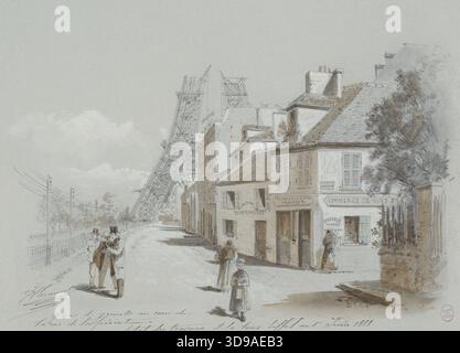 La Torre Eiffel il 1° giugno 1888, vista dal Quai de Grenelle all'angolo di Rue de la Fédération, 15° arrondissement, da Jules-Adolphe Chauvet, disegnatore, 1888, disegno, arti grafiche, disegno, dimensioni - disegno: altezza: 18,5 cm, larghezza: 25,8 cm, dimensioni - Vecchio supporto: altezza: 31,4 cm, larghezza: 47,6 Foto Stock