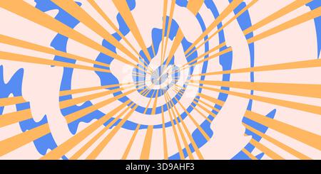 Sfondo nuvola e sole con raggi a spirale in stile anime in rosa, blu e giallo. Ripetizione a nuvola a spirale con movimento radiale dinamico. Illustrazione vettoriale. Illustrazione Vettoriale