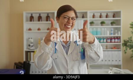 Una donna sorridente che indossa lo stetoscopio dà un doppio gesto all'interno di una clinica; sicurezza. Foto Stock