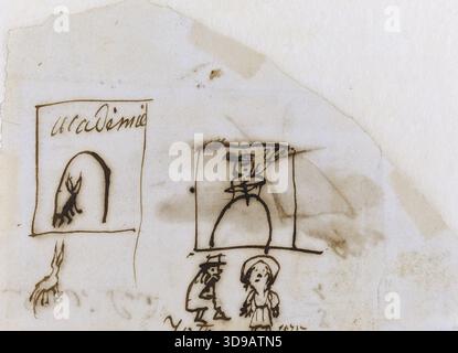 Caricatura dell'Accademia, Drouet, Juliette (Julienne Gauvain, noto come), Draughtsman, Victor Hugo's House - Hauteville House, Graphic Arts, Drawing, Pen, Ink, dimensioni - disegno: altezza: 8 cm, larghezza: 12,6 cm, dimensioni - montaggio: altezza: 52,8 cm, larghezza: 37,8 Foto Stock