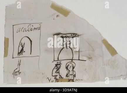 Caricatura dell'Accademia, Drouet, Juliette (Julienne Gauvain, noto come), Draughtsman, Victor Hugo's House - Hauteville House, Graphic Arts, Drawing, Pen, Ink, dimensioni - disegno: altezza: 8 cm, larghezza: 12,6 cm, dimensioni - montaggio: altezza: 52,8 cm, larghezza: 37,8 Foto Stock