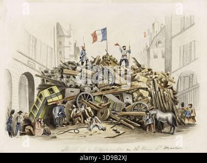 Barricata in Rue Saint-Martin il 25 febbraio 1848, 3° e 4° arrondissement. Harding, James Duffield, Draughtsman, 1848, Arti grafiche, disegno, disegno, dimensioni - opera d'arte: altezza: 19,5 cm, larghezza: 22,5 cm, dimensioni - supporto museale: altezza: 37 cm, larghezza: 48 cm, dimensioni - tappetino museale: altezza: 40 cm, larghezza: 50 Foto Stock