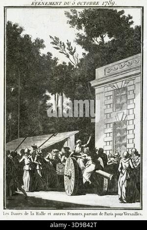 30a immagine tratta dalla raccolta di incisioni storiche dei principali eventi dall'apertura degli Stati generali (1789-1791). Evento della Rivoluzione francese. Le donne del mercato, che chiedono pane, lasciano Parigi per Versailles, 5 ottobre... Janinet, Jean-Francois, incisore, tra il 1789 e il 1791, Stampa, Arti grafiche, Rivoluzione francese, Stampa, dimensioni - disegno: altezza: 19 cm, larghezza: 12,1 cm, dimensioni - montaggio: altezza: 32,5 cm, larghezza: 50 Foto Stock