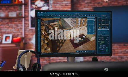 Le risorse vengono spostate nel programma di modellazione 3D in un appartamento con rendering per progetti di interior design, in un'ottica di "jib down". Concentrarsi sul programma CAD utilizzato per la modellazione di mobili virtuali delle sale Foto Stock