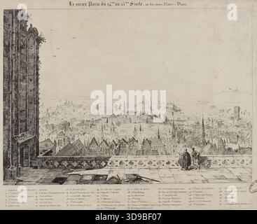 Parigi vecchia dal XIV al XV secolo, vista dalle torri di Notre-Dame, Pernot, Francesco Alexandre, autore del modello, anonimo, Editore, circa 1835-1836, secondo quarto del XIX secolo, Maison de Victor Hugo - Hauteville House, Stampa, Arti grafiche, Stampa, incisione, dimensioni - immagine: altezza: 22,5 cm, larghezza: 32 cm, dimensioni - illustrazione: altezza: 27,2 cm, larghezza: 34,5 cm, dimensioni - supporto museale: altezza: 58 cm, larghezza: 38 Foto Stock