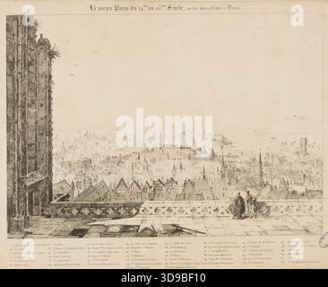Parigi vecchia dal XIV al XV secolo, vista dalle torri di Notre-Dame, Pernot, Francesco Alexandre, autore del modello, anonimo, Editore, circa 1835-1836, secondo quarto del XIX secolo, Maison de Victor Hugo - Hauteville House, Stampa, Arti grafiche, Stampa, incisione, dimensioni - immagine: altezza: 22,5 cm, larghezza: 32 cm, dimensioni - illustrazione: altezza: 27,2 cm, larghezza: 34,5 cm, dimensioni - supporto museale: altezza: 58 cm, larghezza: 38 Foto Stock