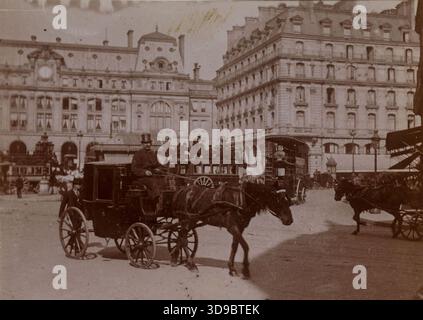 Carrozza trainata da cavalli di fronte alla stazione ferroviaria di Saint-Lazare, 8° arrondissement, Parigi. Photo Club di Parigi, fotografo dilettante, XIX-XX secolo, Fotografia, Arti grafiche, fotografia, Aristotipo, dimensioni - disegno: altezza: 4,2 cm, larghezza: 5,8 cm, dimensioni - margine: altezza: 4,4 cm, larghezza: 5,8 cm Foto Stock