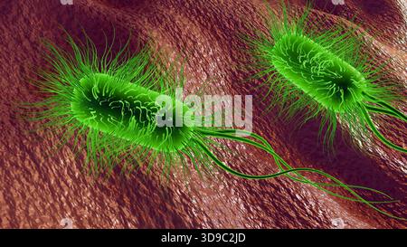 Illustrazione 3D di batteri illuminati, verde brillante, direttamente collegati alla bioluminescenza naturale. Foto Stock