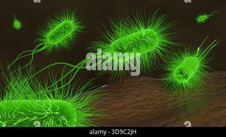 Illustrazione 3D di batteri illuminati, verde brillante, direttamente collegati alla bioluminescenza naturale. Foto Stock