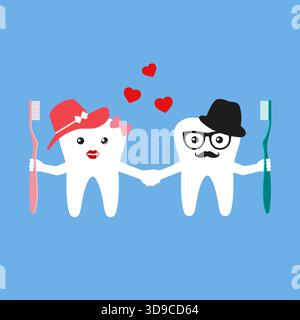 illustrazione di denti divertenti con spazzolini su sfondo blu Illustrazione Vettoriale