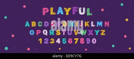 Pastello dell'alfabeto inglese. Carattere tipografico divertente e disegnato a mano con texture a matita e colori vivaci. Illustrazione vettoriale Illustrazione Vettoriale