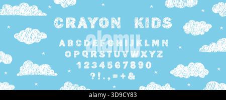 Pastello dell'alfabeto inglese. Font doodle ABC per bambini con texture di cera. Stile di schizzo a penna. Formazione divertente o grafica per classi. Illustrazione vettoriale Illustrazione Vettoriale