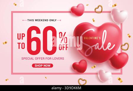 Banner clipart saldi di San Valentino. Banner promozionale di San Valentino con sconto del 60% per gli amanti dello shopping, clip art promozionali Illustrazione Vettoriale