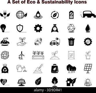 "Set icone glifi ecocompatibili e sostenibili - pacchetto vettore per il riciclaggio dell'ambiente a energia verde" Illustrazione Vettoriale