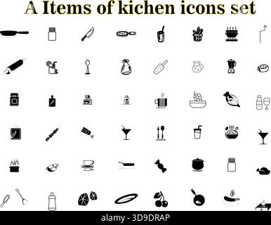 "Set di utensili da cucina e icone della linea alimentare - utensili da cucina pacchetto vettore ristorante" Illustrazione Vettoriale