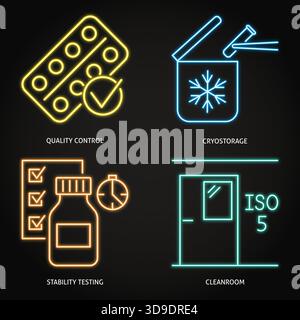 Set di icone al neon per il controllo qualità e gli standard. Test di stabilità, conservazione a freddo, simboli di camera bianca. Illustrazione vettoriale. Illustrazione Vettoriale