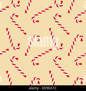 Motivo senza cuciture di canna da zucchero natalizia con strisce rosse su morbido sfondo beige. Illustrazione vettoriale Illustrazione Vettoriale