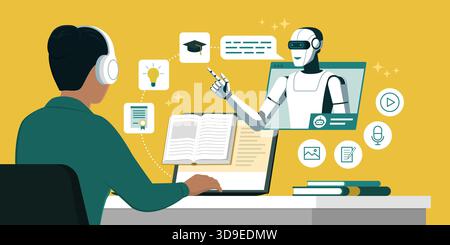 Studentessa seduta alla sua scrivania e che segue corsi online, un chatbot ai la sta aiutando Illustrazione Vettoriale