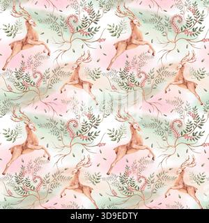 Un motivo senza cuciture caratterizzato da cervi e rami su uno sfondo delicato. Illustrazione in acquerello per interni, abbigliamento e stampe in tessuto Foto Stock