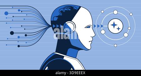 Apprendimento e generazione di nuovi contenuti da parte dei robot AI: Concetto di deep learning e reti neurali Illustrazione Vettoriale