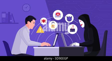 Gli utenti vengono truffati da un robot ai: Hacking AI, attacchi informatici automatizzati e concetto di sicurezza informatica Illustrazione Vettoriale