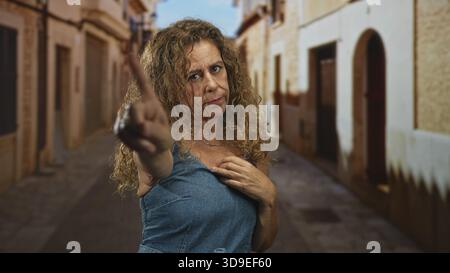 Una donna con un abito in denim punta un dito direttamente verso la fotocamera mentre preme la mano verso il petto su una stretta strada vecchia; un avvertimento povero. Foto Stock