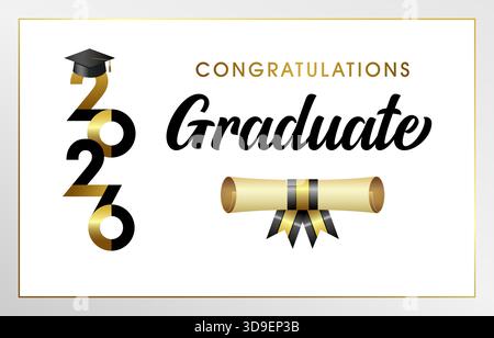 Congratulazioni: Design del biglietto d'auguri laureato 2026 con elementi dorati, cappello 3D, numero verticale creativo e scorrimento del diploma. Illustrazione Vettoriale