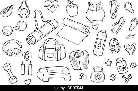 Set di elementi per fitness e yoga. Disegna a mano il doodle. Attrezzature, cibo sano, attrezzatura di allenamento, e accessori Pilates. Isolato su sfondo bianco Illustrazione Vettoriale