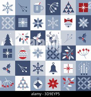 Motivo a mosaico vettoriale natalizio senza cuciture con icone geometriche stilizzate: Baule, palle di neve, candele, abeti, neve, scatole regalo, renne, vischio Illustrazione Vettoriale