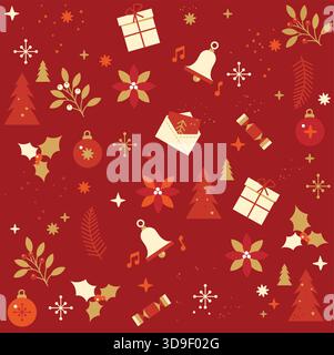 Carta da imballaggio natalizia senza cuciture con sfondo rosso con frutti di bosco dorati e rossi, lettere di Natale, buste, campane, rami di abeti Illustrazione Vettoriale