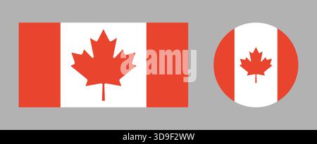 Bandiera del Canada. Set di icone rettangolari arrotondate. Bandiera nazionale di sfondo canadese. Colore standard. Collezione di badge con bandiera circolare e rettangolare. Illustrazione Vettoriale