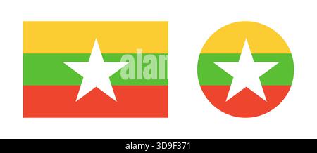 Flag of Myanmar flat icons. Round, rectangular national flag of Myanmar backgrounds. Set of circle, rectangle flag of Myanmar. Simple button, badge Illustrazione Vettoriale