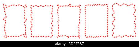 Bordi ondulati di canna da zucchero vettoriale in rosso e bianco, fantasiose cornici rettangolari natalizie per il design della confezione Illustrazione Vettoriale