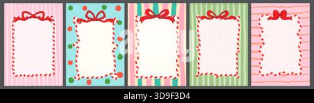 Cornici Wavy Candy Cane su sfondi con motivi a righe e punteggiati, graziosi bordi natalizi o di compleanno per i disegni e i menu dei pacchetti Illustrazione Vettoriale