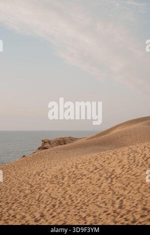Dune di sabbia e scogliere costiere nel deserto di Timlaline, Marocco Foto Stock