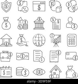 Tasso di interesse del prestito di denaro le icone di doodle disegnate a mano impostano la raccolta in stile piatto. Illustrazione vettoriale dei benefici di pagamento su sfondo isolato. Sconto Illustrazione Vettoriale