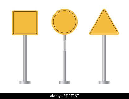 Una serie vettoriale di tre forme di segnaletica stradale di base, tra cui un cartello quadrato giallo e un segnale circolare giallo Illustrazione Vettoriale