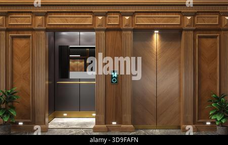 Porte dell'ascensore lussuose e sofisticate caratterizzate da ricchi pannelli in legno con motivo a chevron, splendidamente contrapposte da pareti nere a pannelli e oro Foto Stock