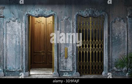 Ascensore d'epoca gated con cornice decorata nella Grunge Abandoned Hall Foto Stock